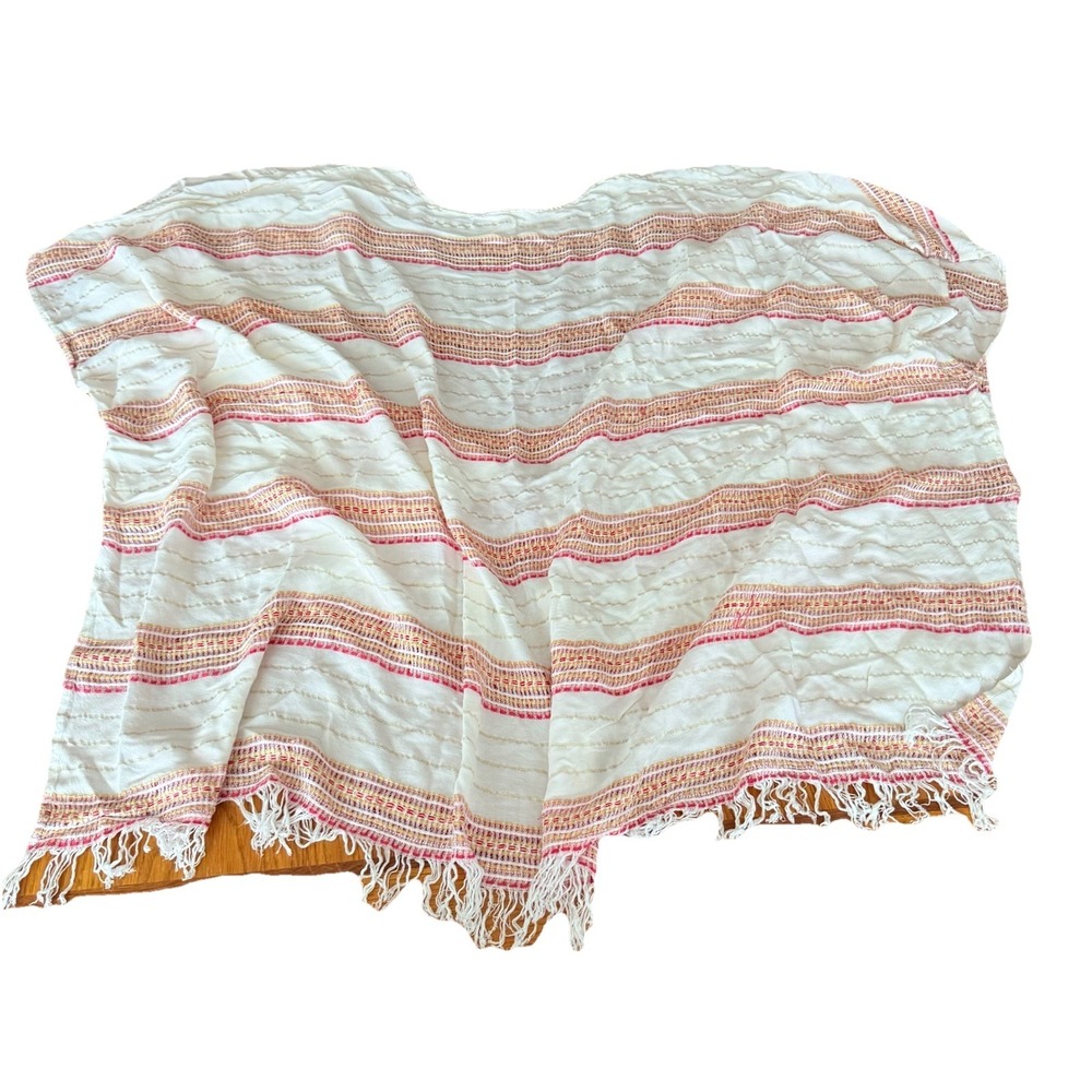 Rebellion White Boho Fringe Poncho Large Woven Stripes Rayon Open Front India - Picture 3 of 5